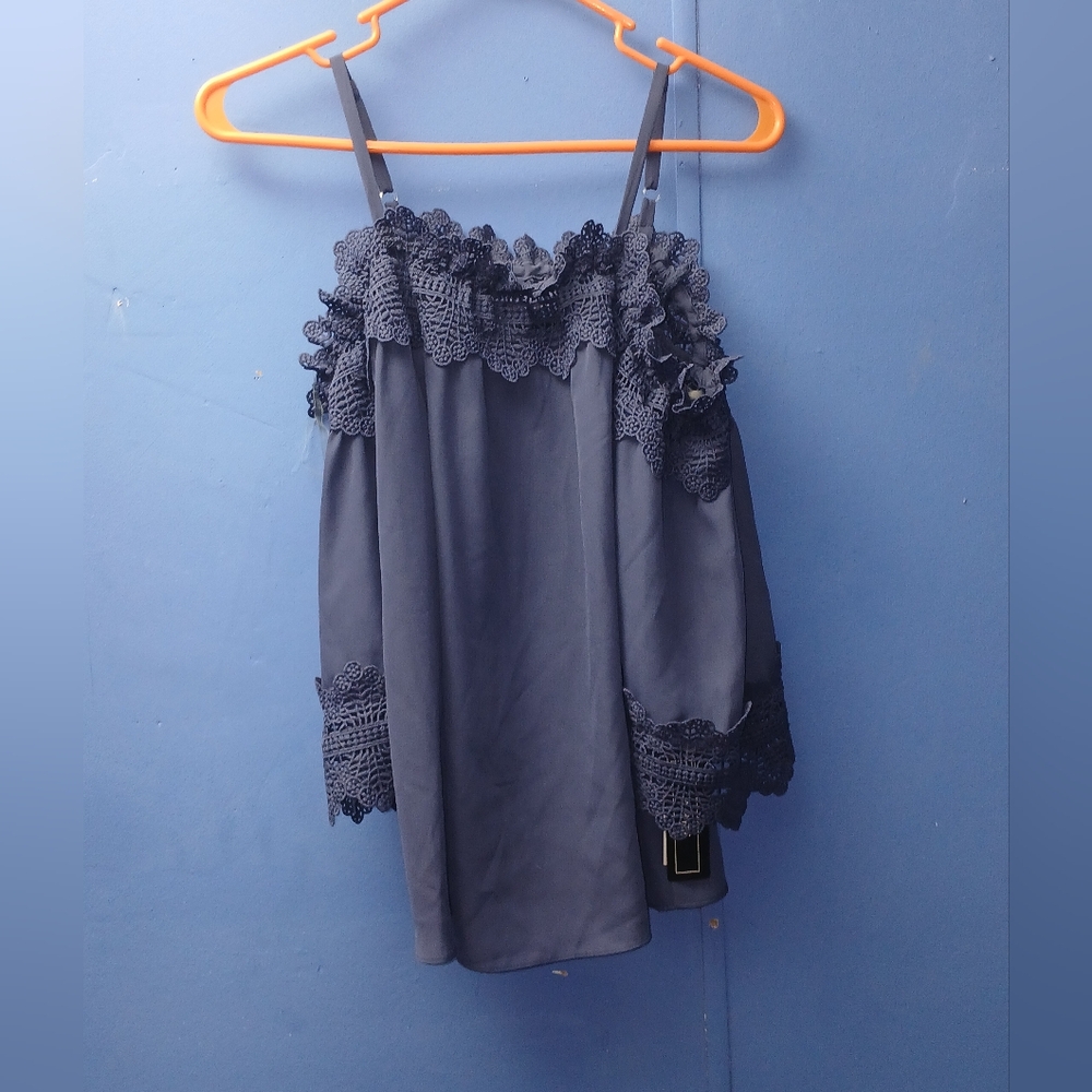 Navy Blue Lace Trim Women's Top